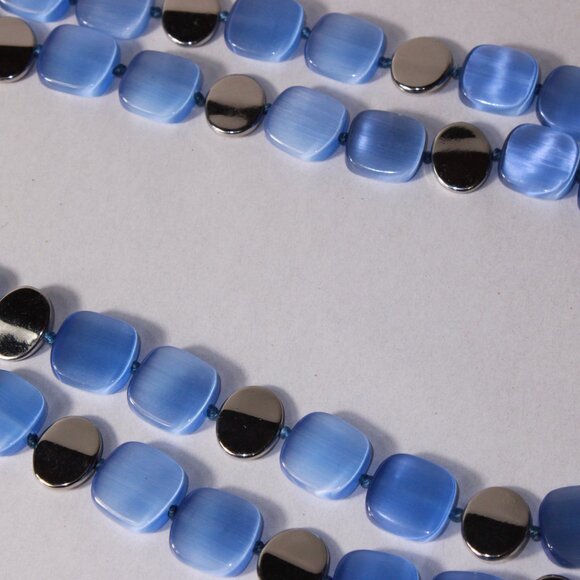 Multi-Strand Square Blue Moonstone Necklace with Silver Square Beads - Picture 2 of 5